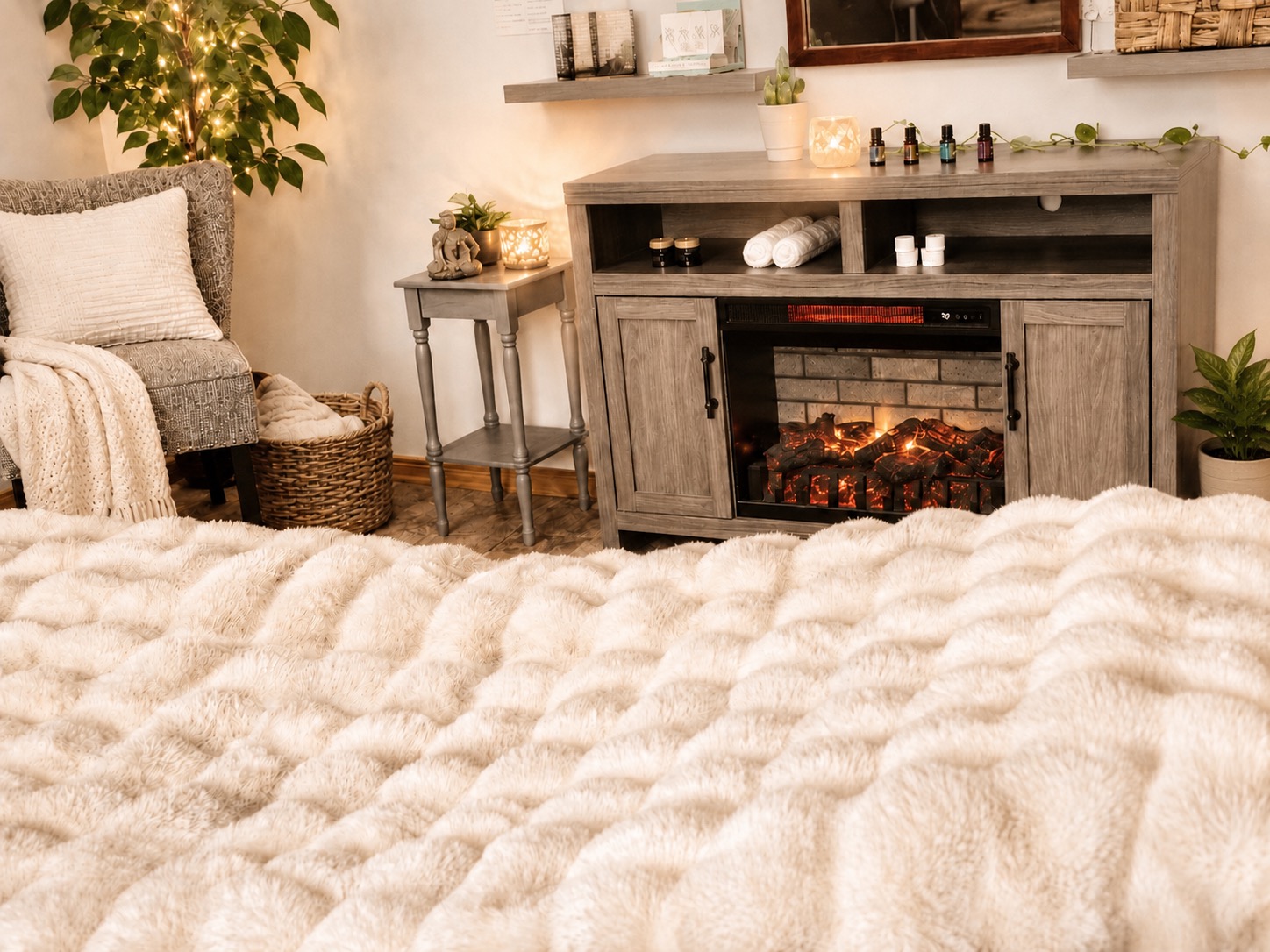 Inside Karee's treatment room: a plush cream treatment bed in the foreground, with an accent chair and knit throw, candles, and a credenza fireplace topped with dōTERRA essential oils and a softly lit Himalayan salt lamp.